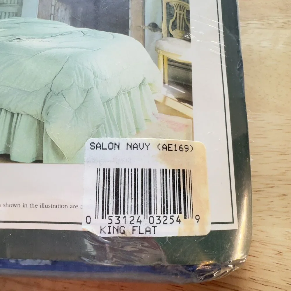 Laura Ashley Salon Navy Vintage Cotton‎ No-Iron 1991 KING Sheets Flat Fitted NEW